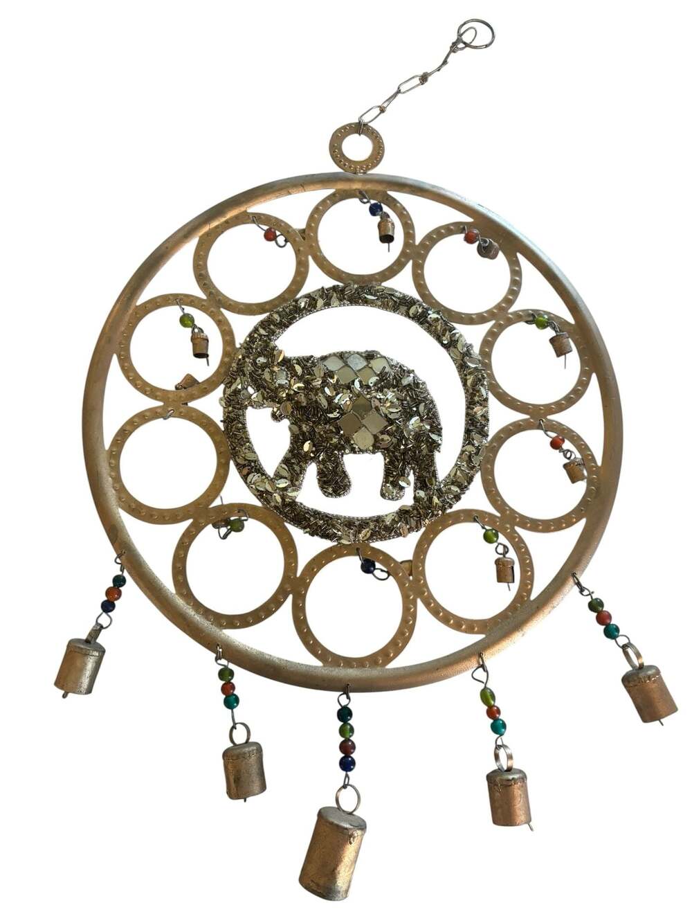DecMode Gold Metal Embellished Elephant Wind Chime with Glass Beads and Bells